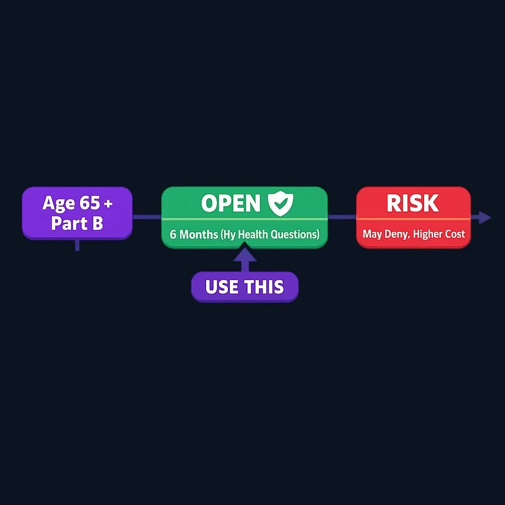 Timeline showing six-month Medigap open enrollment window starting at age 65 with Part B enrollment, followed by period where coverage may be denied or cost more