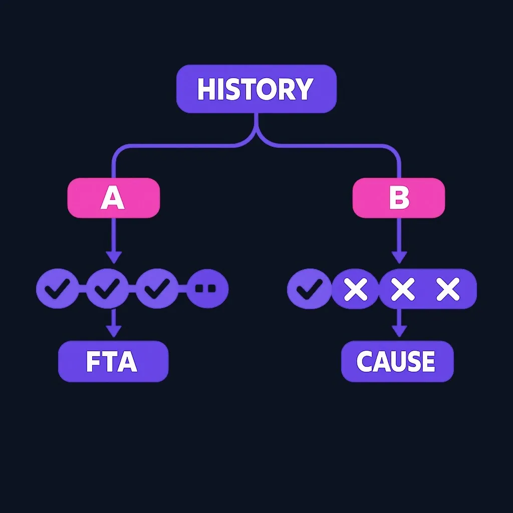 Decision fork comparing a clean three-year record leading to FTA with a record containing gaps leading to reasonable cause.