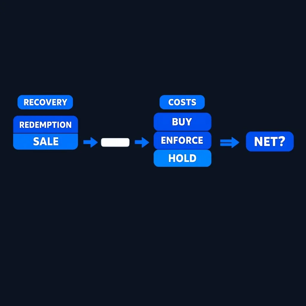 Formula diagram showing net recovery equals redemption or sale proceeds minus acquisition, enforcement, and holding costs