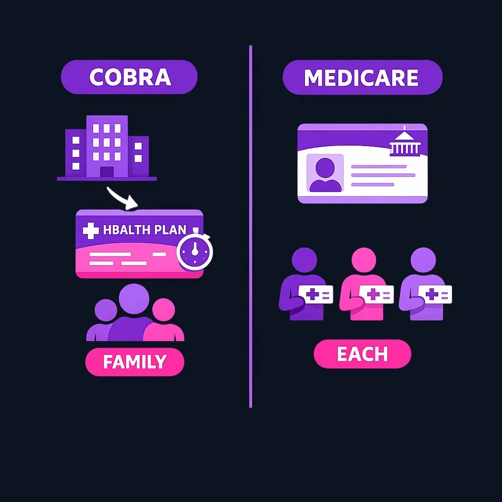 Side-by-side comparison of COBRA as a continued employer plan covering a family and Medicare as individual coverage
