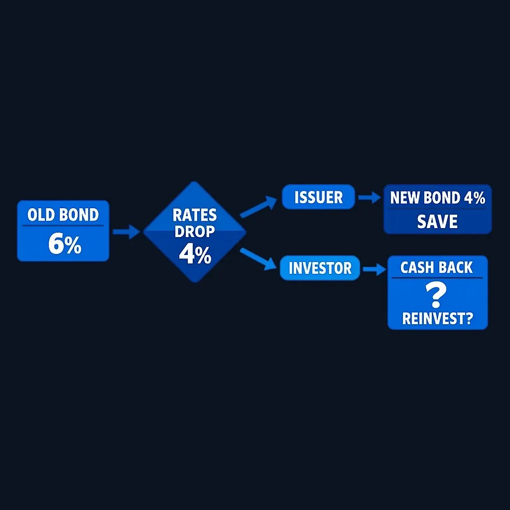 Flowchart showing bond refinancing scenario from issuer and investor perspectives