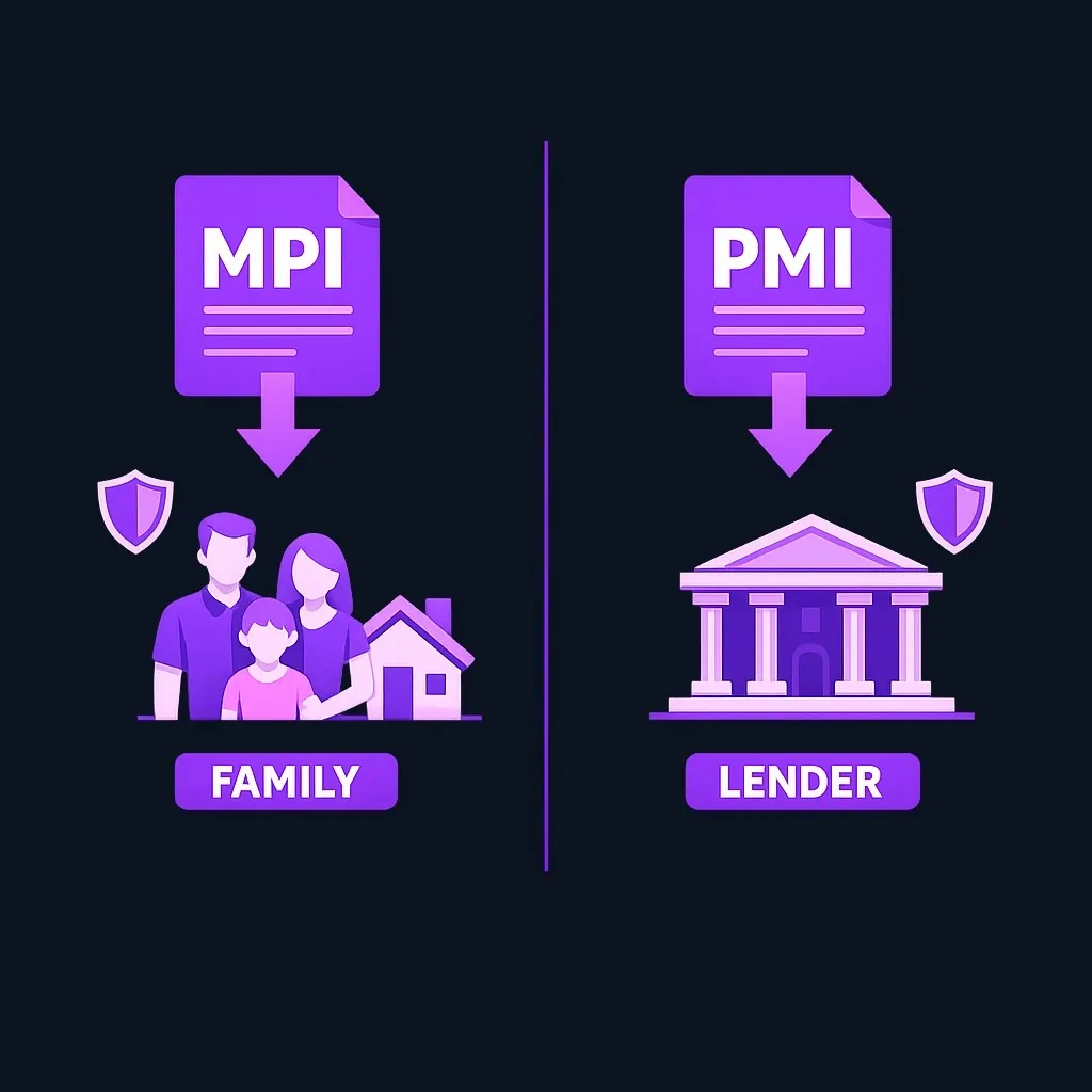Side-by-side diagram: mortgage protection with an arrow to a family beside a house, and PMI with an arrow to a bank.