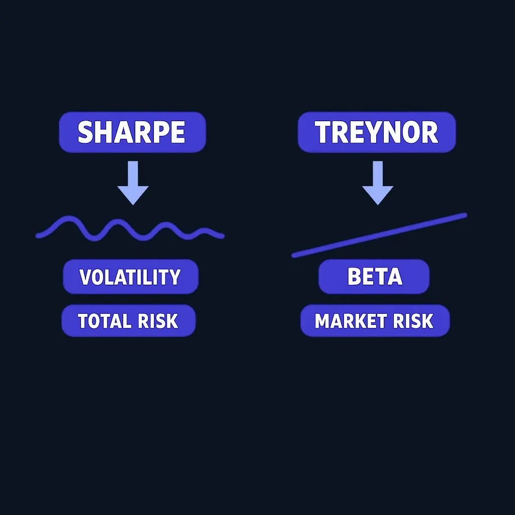 Side-by-side comparison of Sharpe and Treynor ratios showing different risk denominators