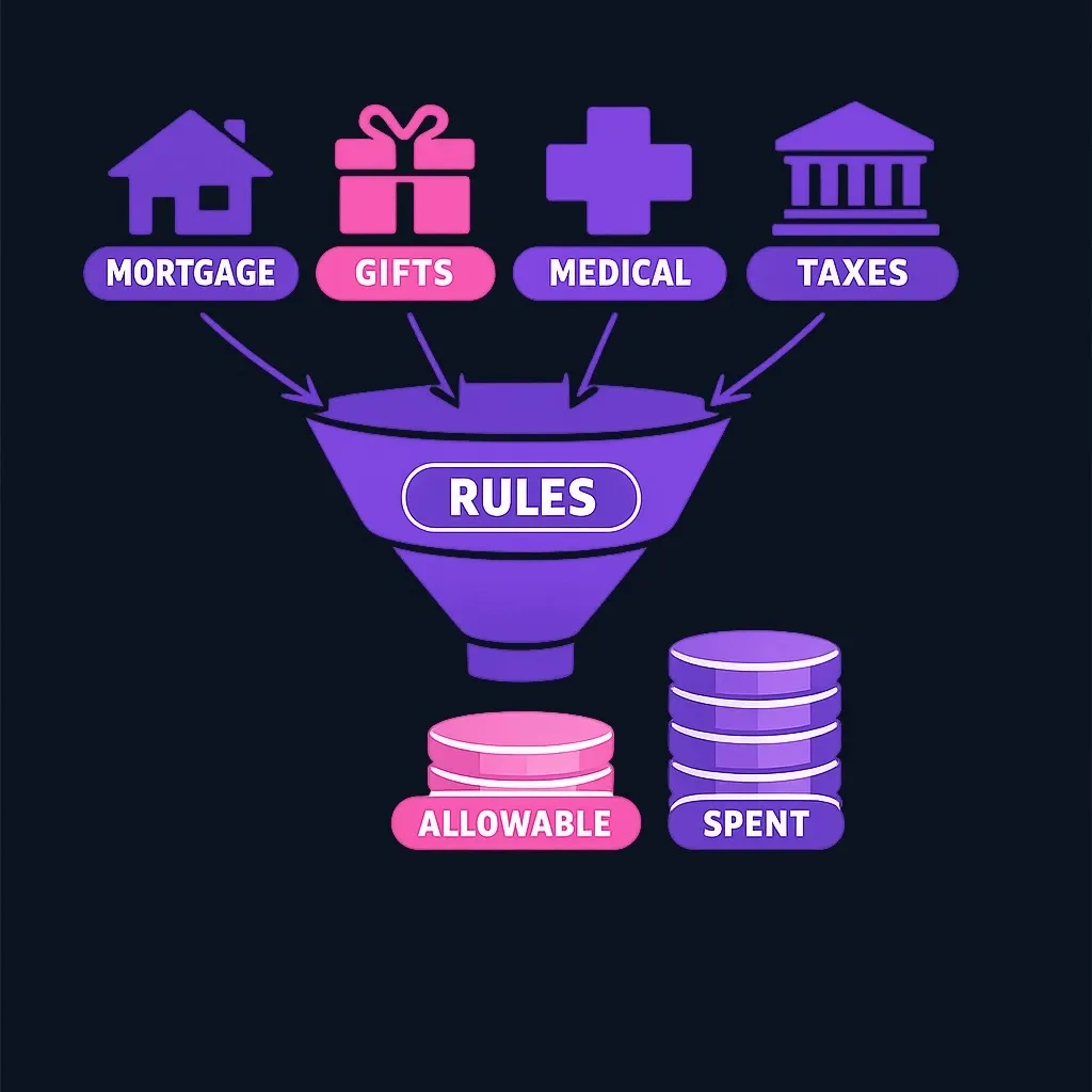 A funnel filtering several expense categories down to a smaller allowable deduction total.