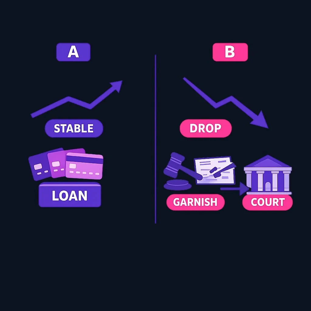 Side-by-side comparison of a consolidation-fit scenario and a bankruptcy-fit scenario