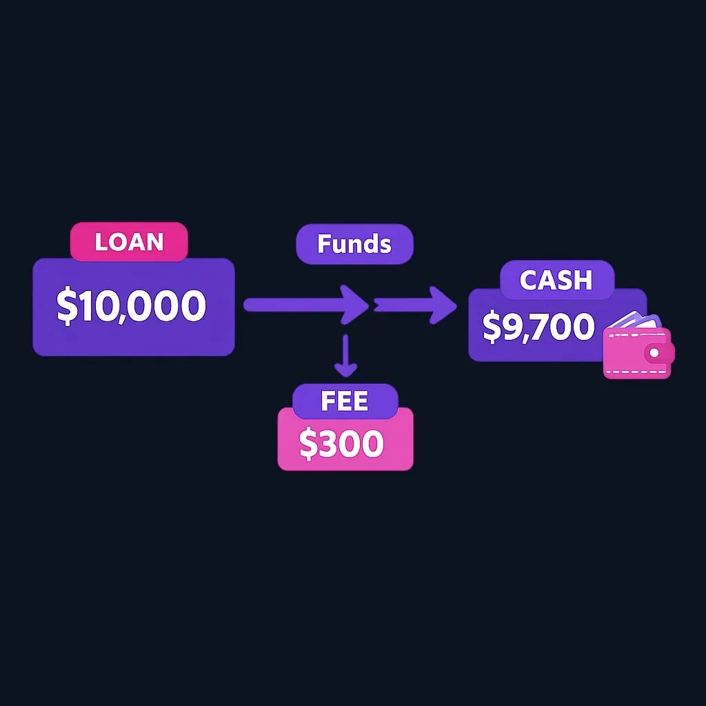 Flow diagram showing a $10,000 loan splitting into a $300 fee and $9,700 cash received