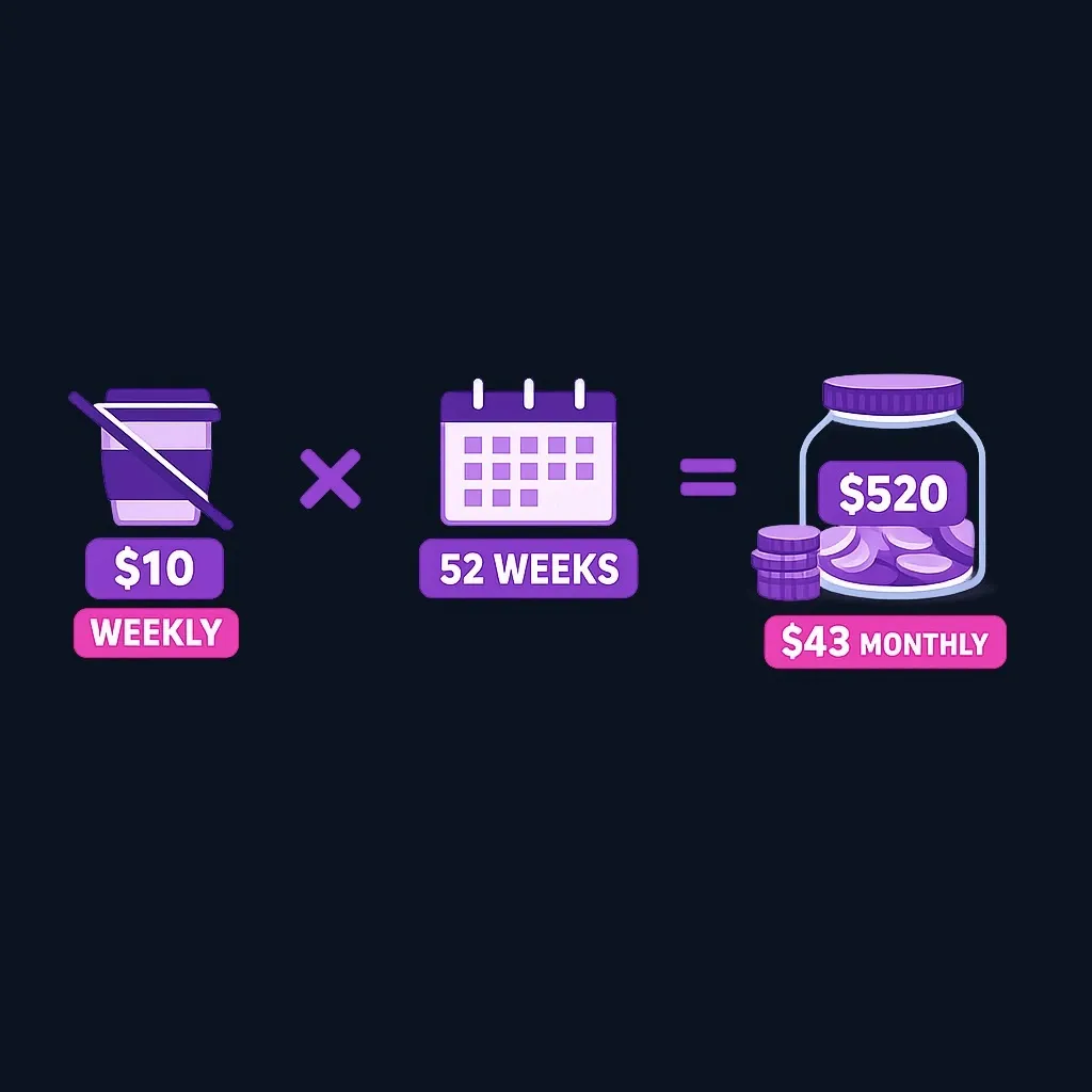 Diagram showing a $10 weekly habit adding up to $520 in savings over a year