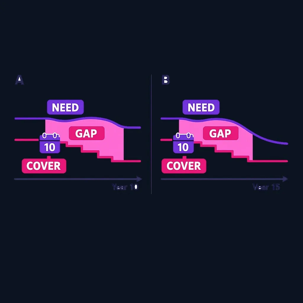 Chart showing a need line lasting longer than a stepped coverage line, creating a gap
