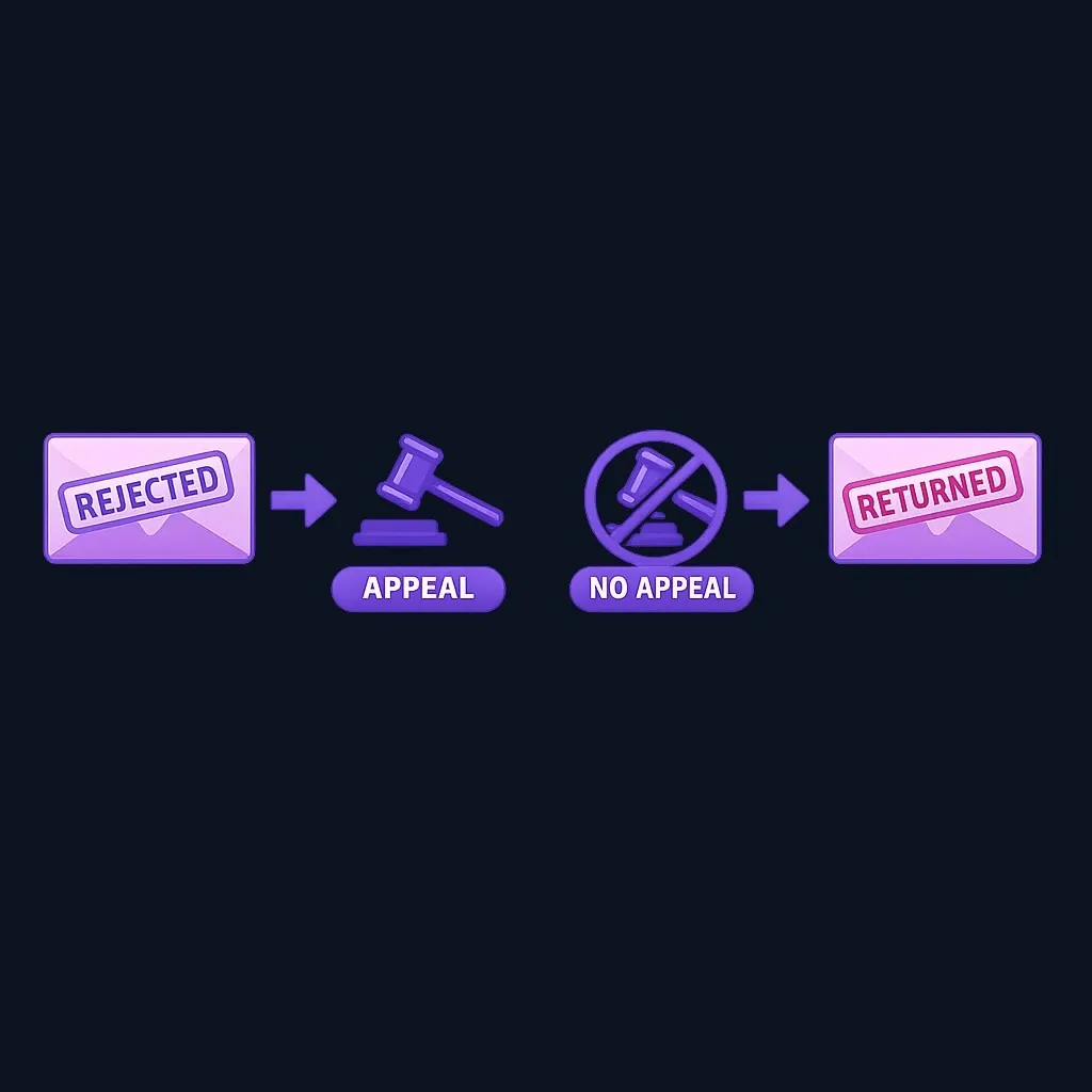 A comparison of a rejected offer, which leads to an appeal within 30 days, and a returned offer, which has no appeal path.