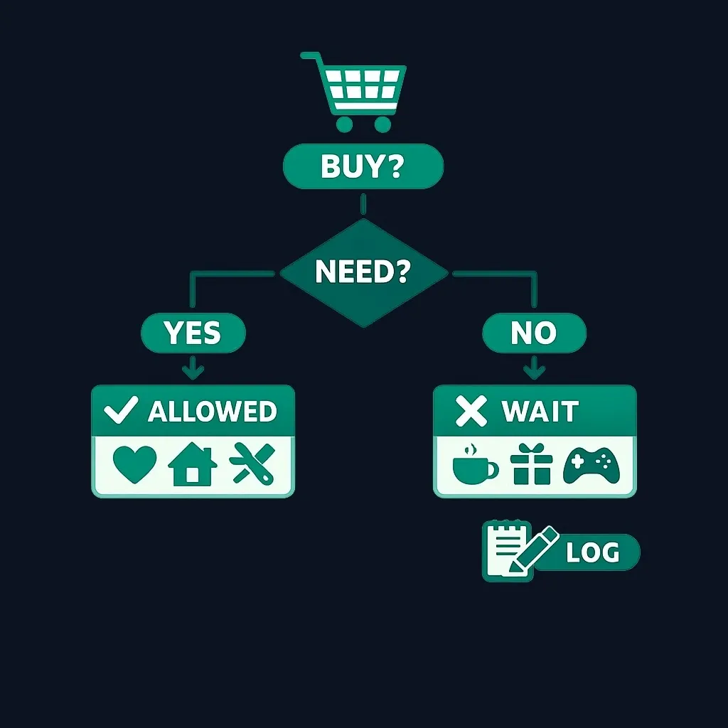 Flowchart sorting a purchase into allowed or not allowed based on need