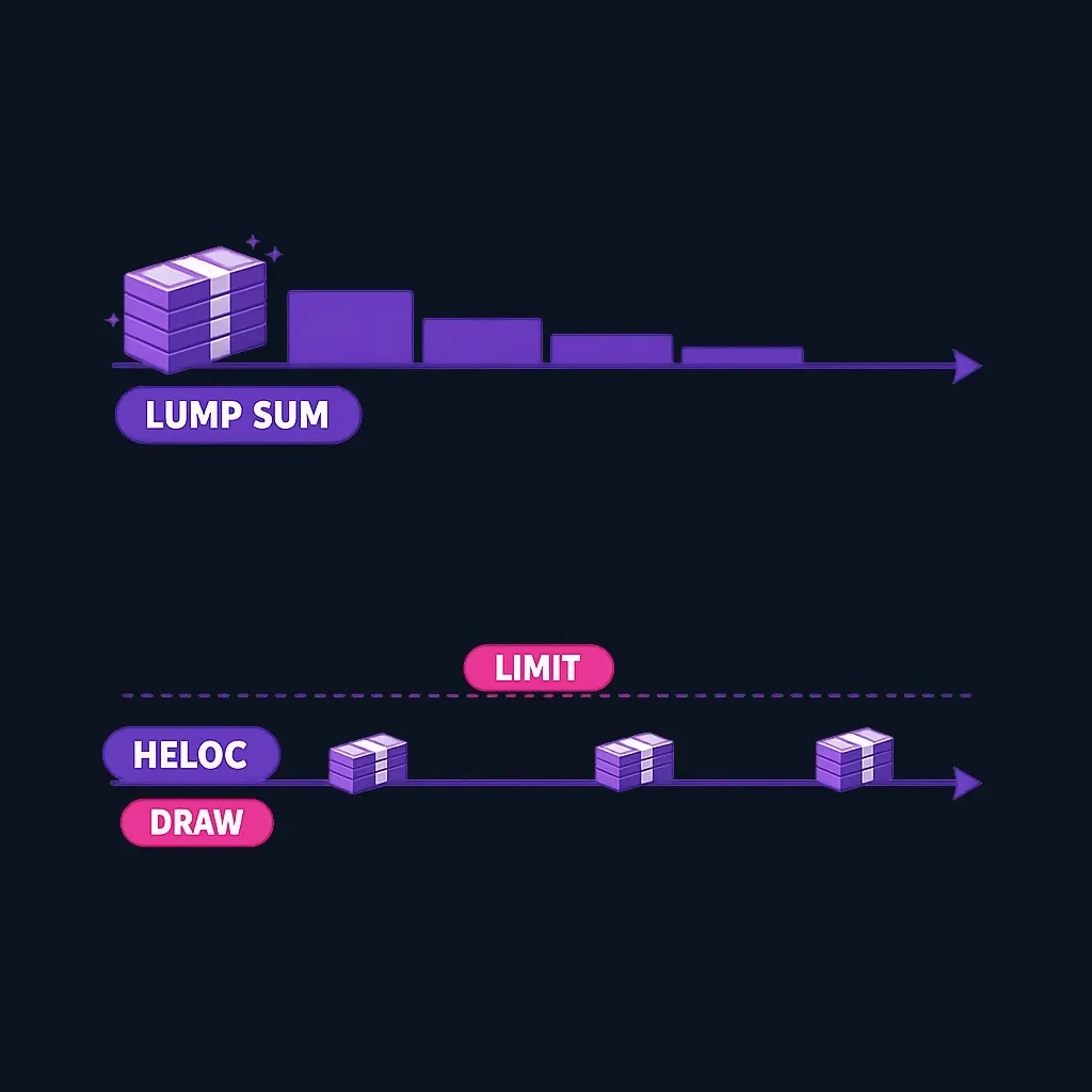 Comparison of one single lump-sum cash payout versus multiple smaller draws from a credit line over time
