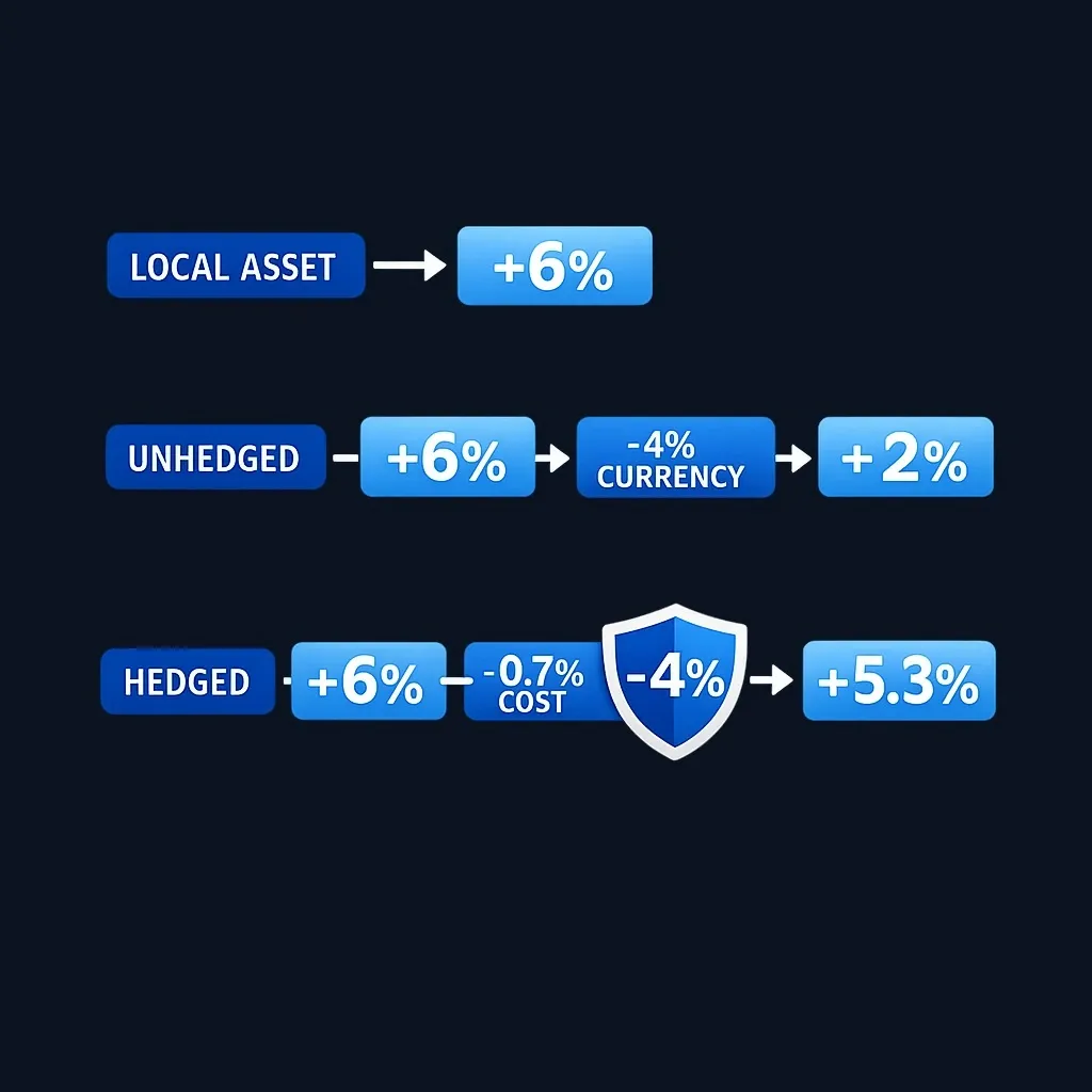 Mathematical breakdown of hedged versus unhedged ETF returns showing asset return, currency impact, and hedging costs