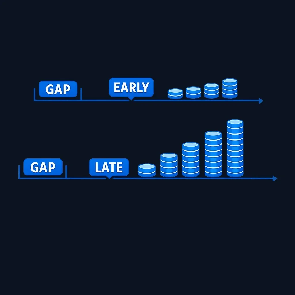 Two timelines comparing an earlier start with smaller payments and a later start with larger payments but a longer gap