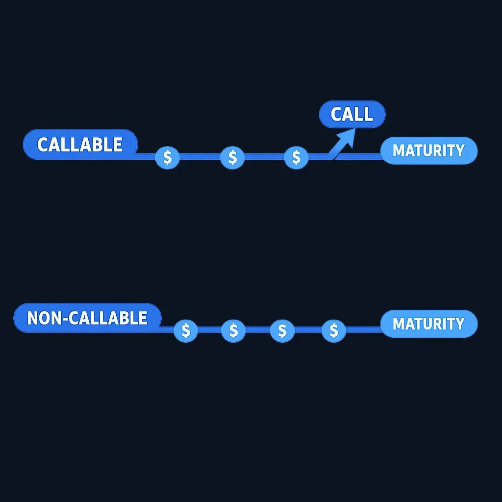 Diagram showing callable bond with early redemption option versus non-callable bond held to maturity
