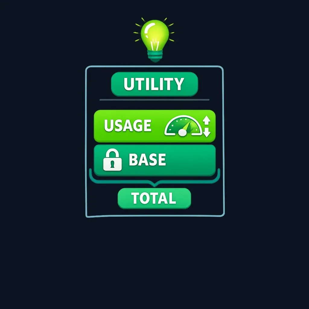 A utility bill split into a fixed base charge section and a variable usage charge section