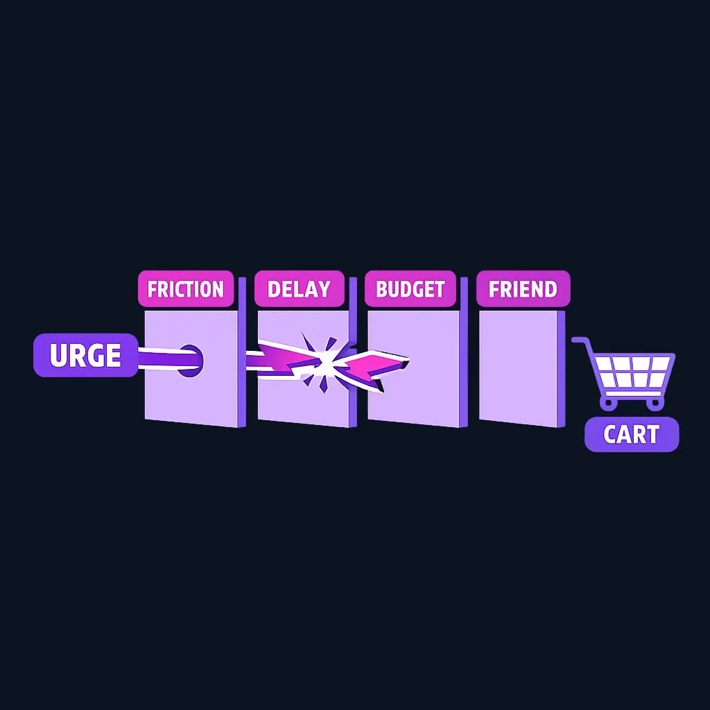 An impulse arrow passing through several barrier layers and stopping before reaching a checkout cart