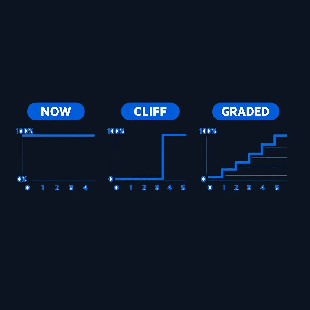 Three small line charts comparing immediate, cliff and graded vesting percentages over five years.