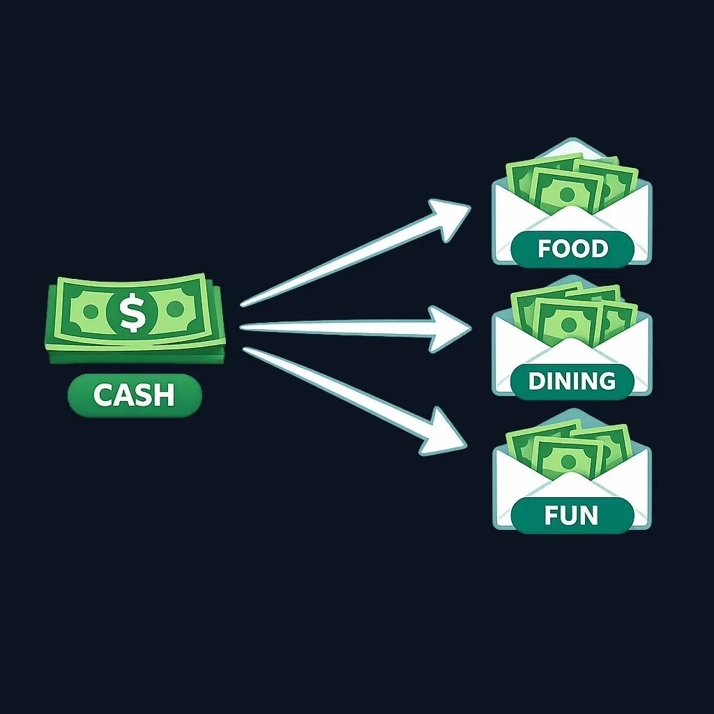 Diagram of a stack of cash split by arrows into three labeled envelopes for groceries, dining and fun