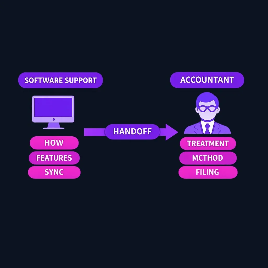 Diagram showing the division of responsibility between software support and accounting professionals