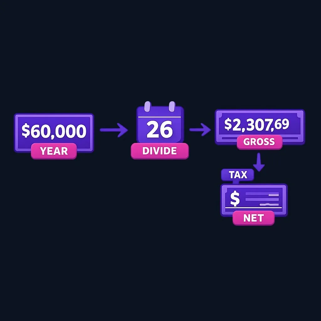 Calculation diagram showing a $60,000 salary divided by 26 pay periods to get $2,307.69 gross per paycheck, which then shrinks to a smaller net amount