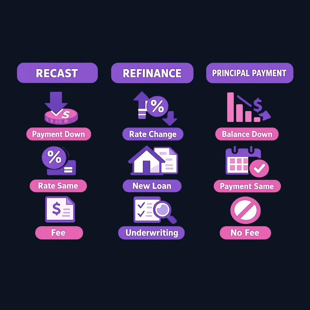 Three-column comparison of recast, refinance, and principal-only payment strategies