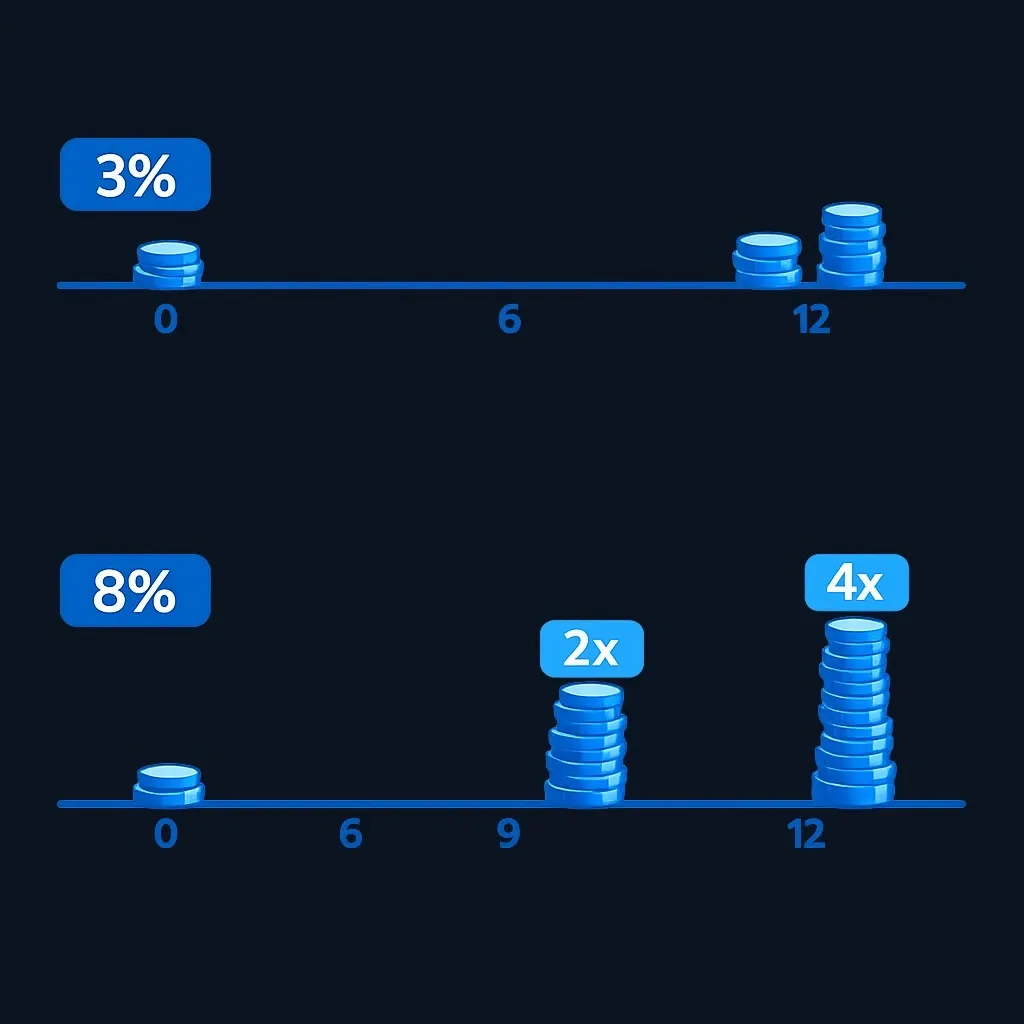 Two timelines over 18 years: the 3% account never doubles while the 8% account doubles twice