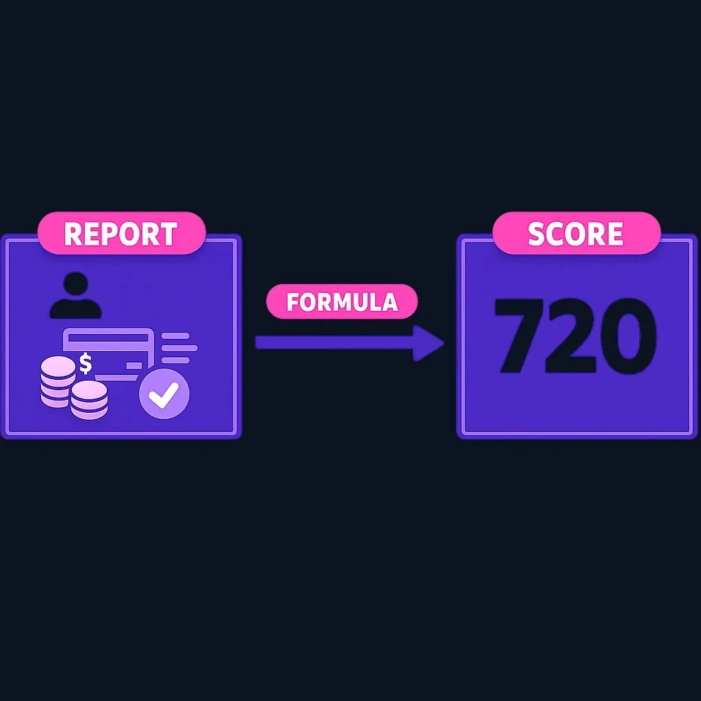 Diagram showing credit report as raw data transforming into credit score number