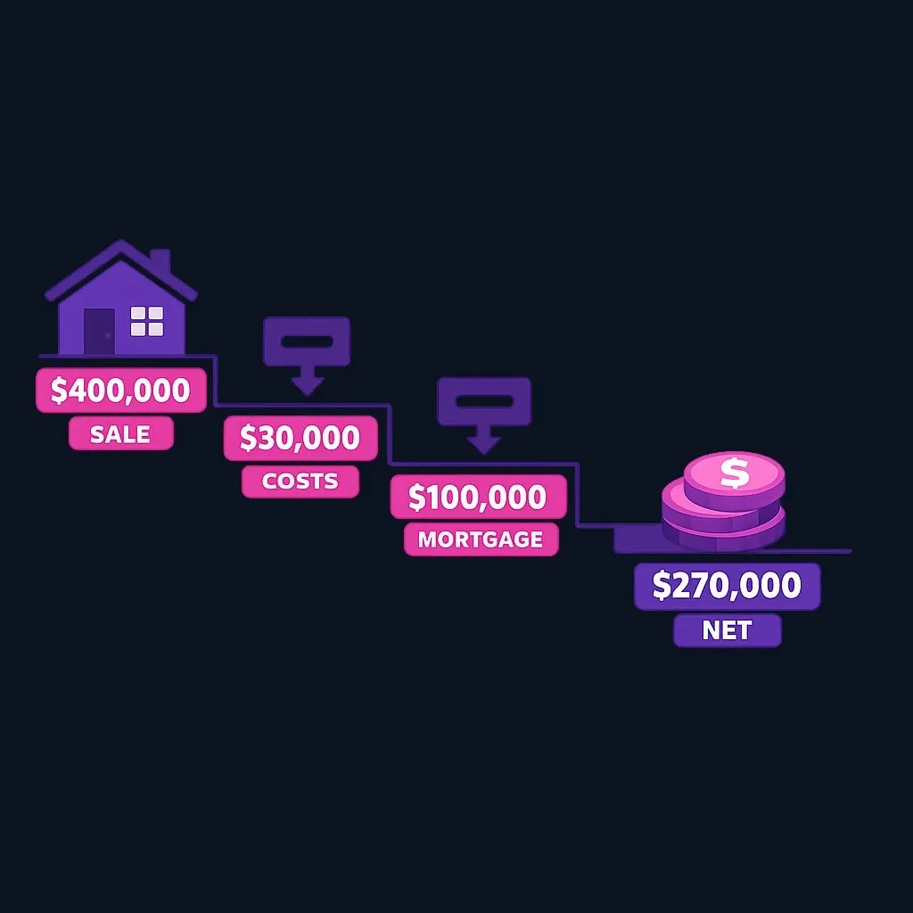 Step diagram from a $400,000 sale price down to $270,000 in net proceeds after costs and mortgage payoff.