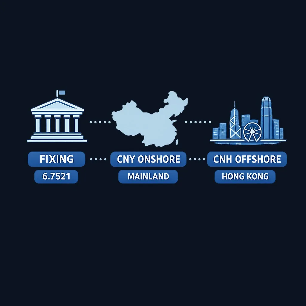 Diagram illustrating the three types of yuan quotations: central parity fixing, onshore CNY, and offshore CNH