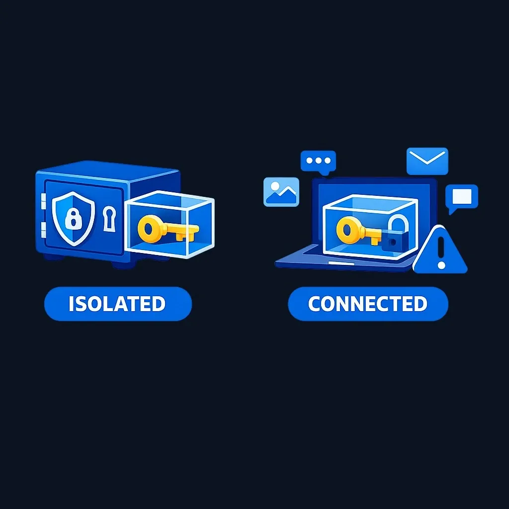 Side-by-side comparison of hardware vs software wallet signing security