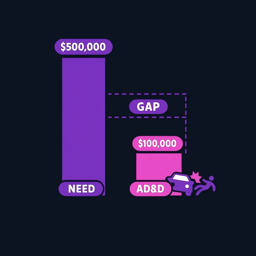 Bar chart showing a $500,000 need versus a $100,000 accident-only benefit, with the gap highlighted