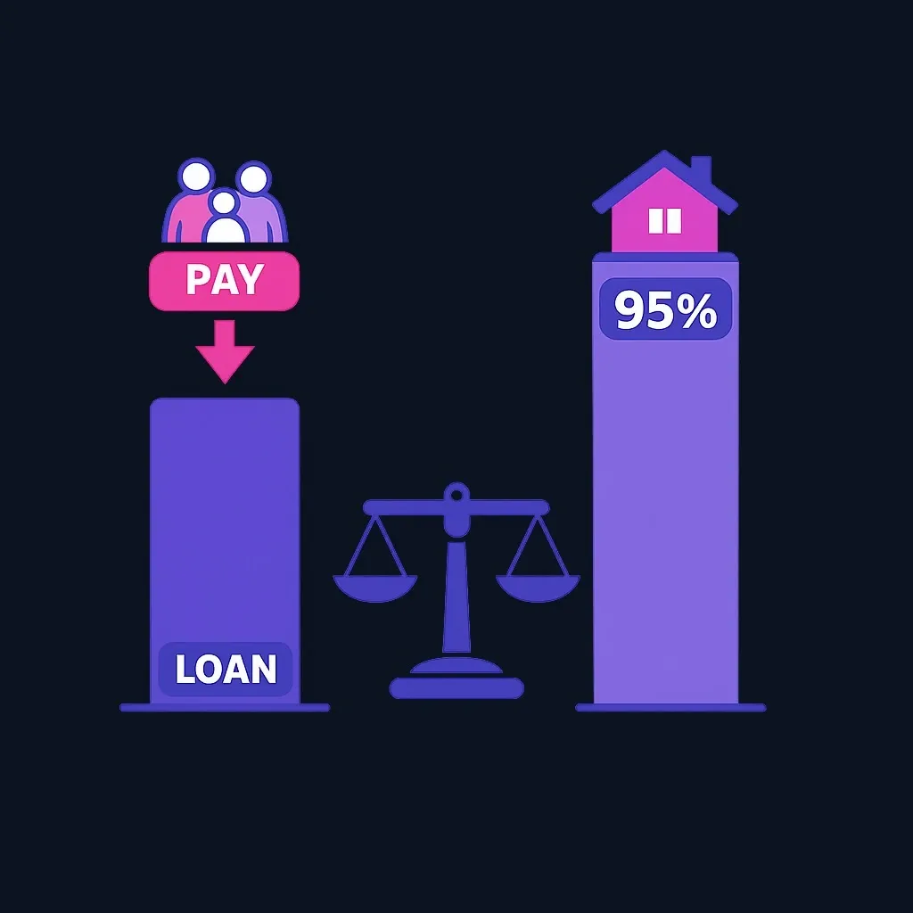 Two bars comparing a loan balance with 95% of the home's value, with heirs paying the smaller amount.