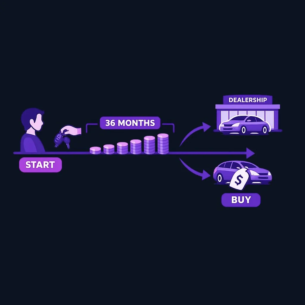 Timeline of a car lease: pick up the car, make monthly payments for about 36 months, then return or buy it.