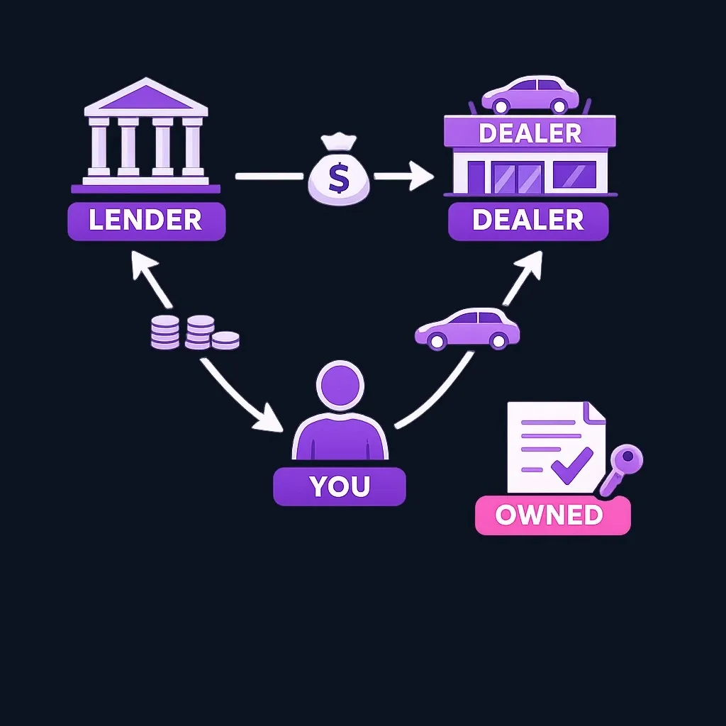 Flow diagram: the lender pays the dealer, the buyer repays the lender, and the buyer owns the car after payoff.