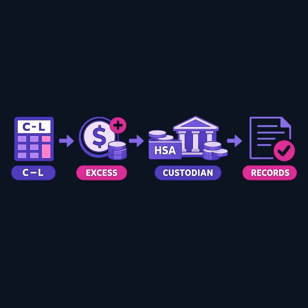 A four-step flow showing how to calculate an excess HSA contribution, request its removal with earnings, and keep records.