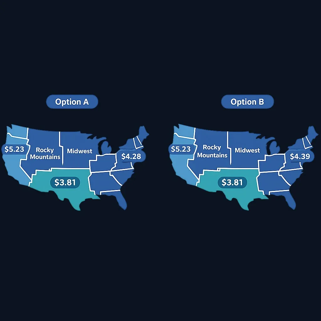 Map of United States showing regional gasoline price variations from Gulf Coast to West Coast