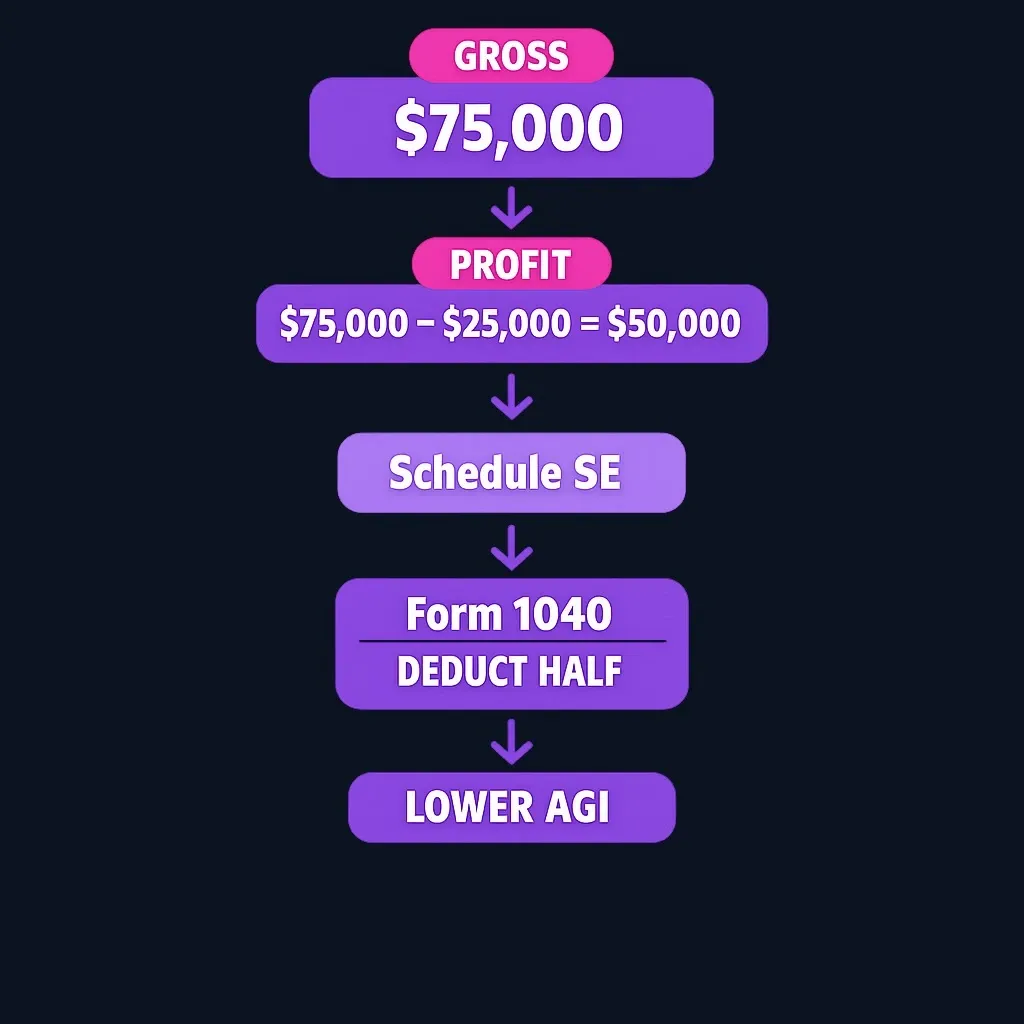 Step-by-step calculation showing gross receipts to net profit to deductions