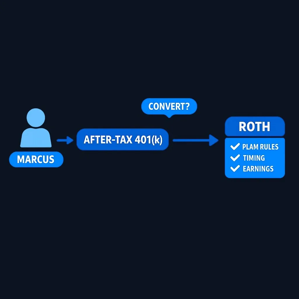 Example scenario diagram showing advanced saver evaluating after-tax 401(k) conversion strategy