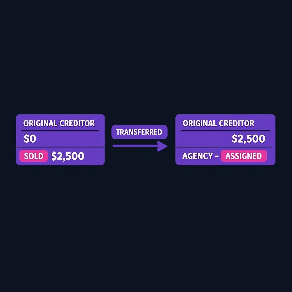 Credit report examples showing debt-sold versus debt-assigned balance reporting