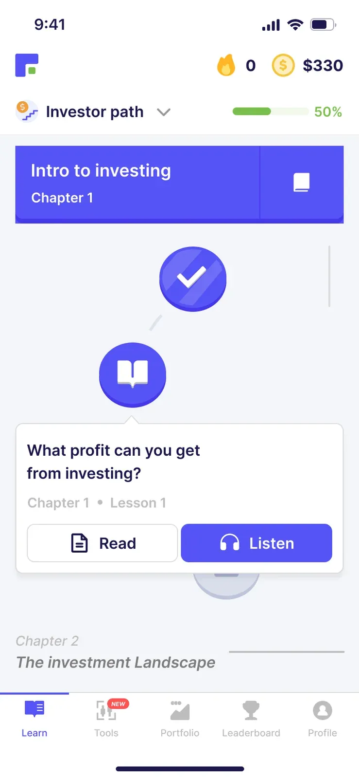Finelo Investor path with an introductory investing lesson and learning progress