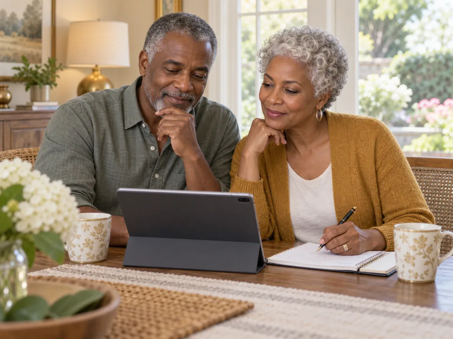 An older couple reviewing their retirement plans at home