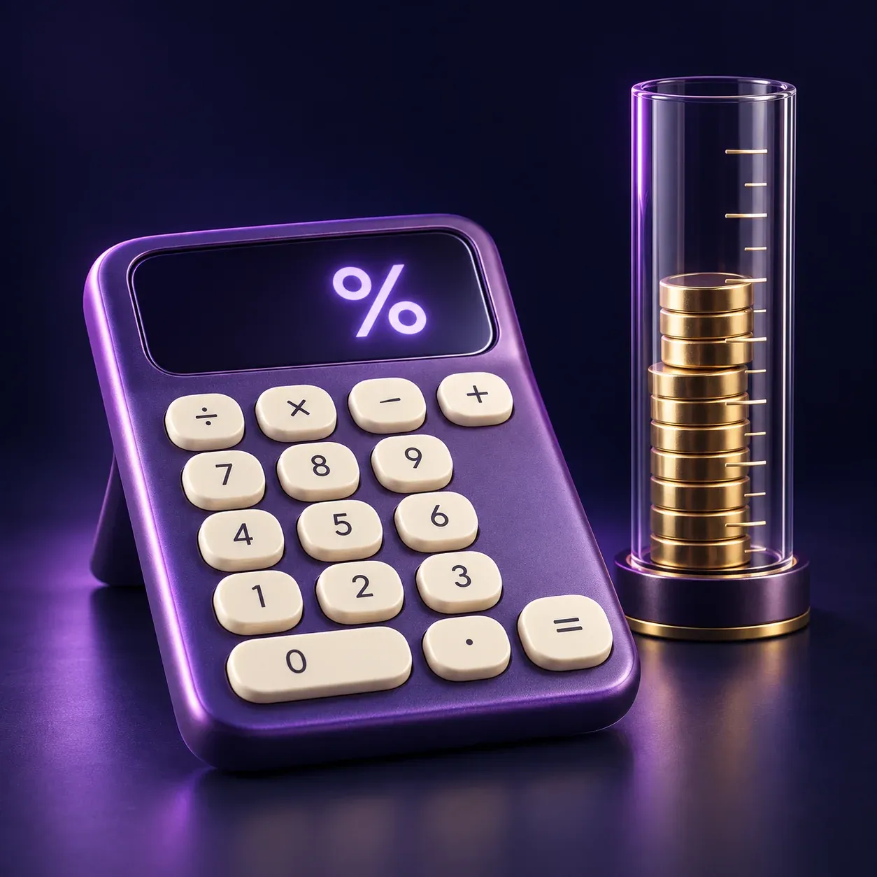 3D calculator and glass column with gold discs