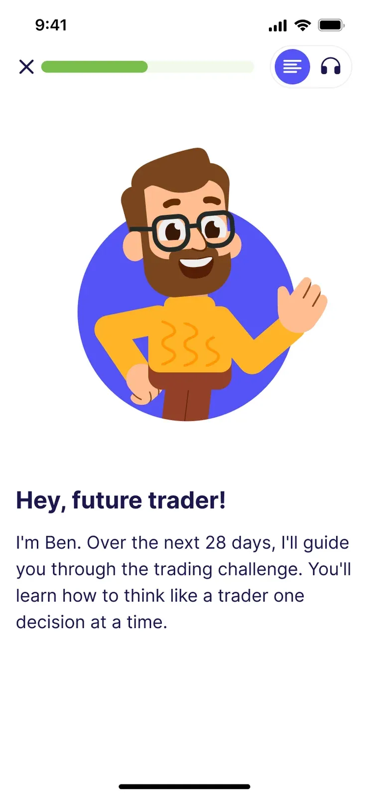 Ben introducing the 28-day trading challenge in the Finelo app