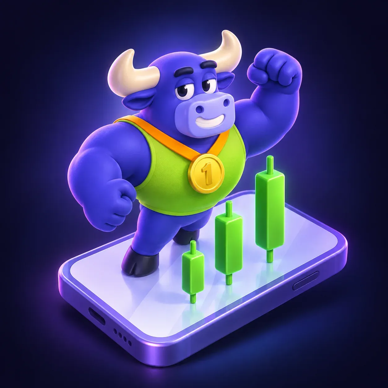3D Finelo bull with a smartphone and trading chart