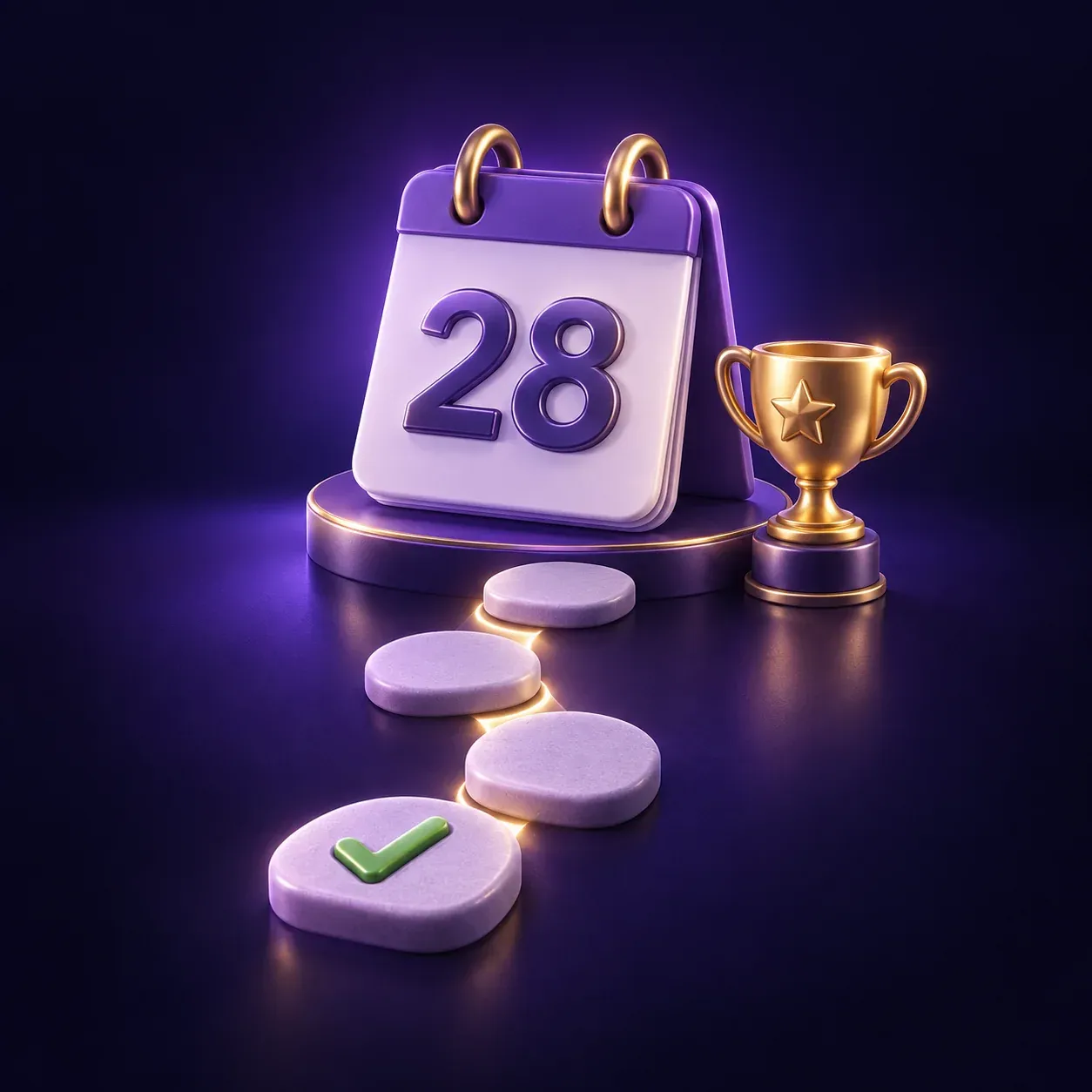 3D 28-day learning calendar, milestone path, and achievement trophy