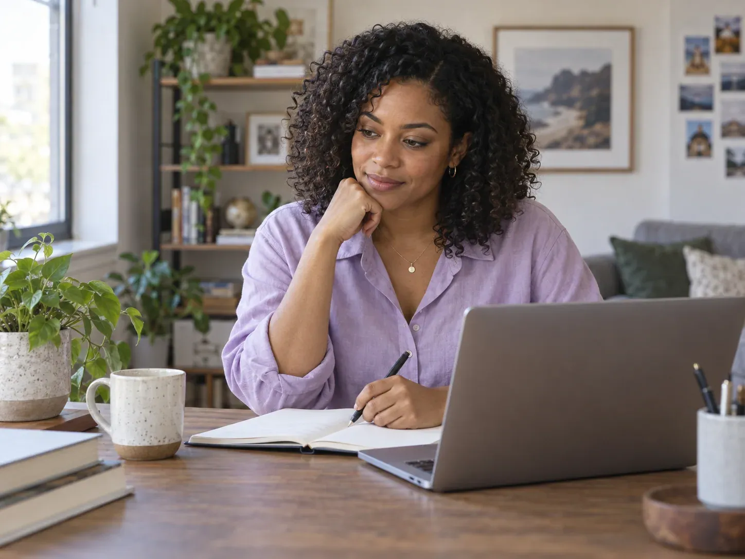 A young adult reviewing her investment plan at home