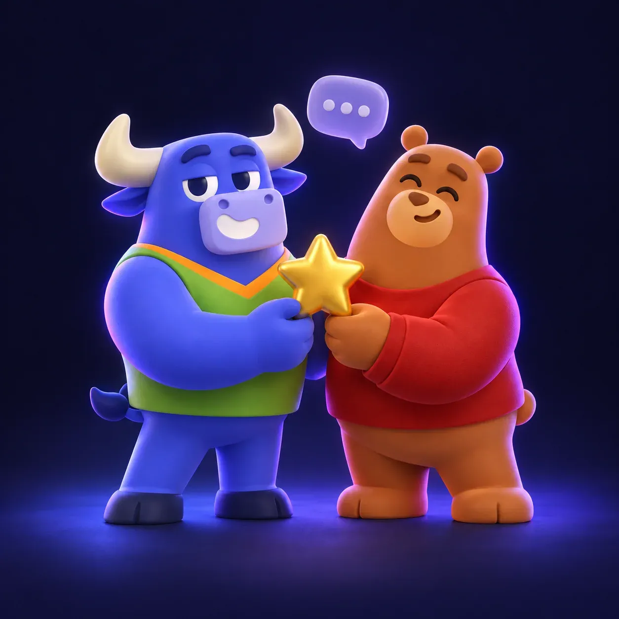 Finelo bull and bear characters holding a gold star together