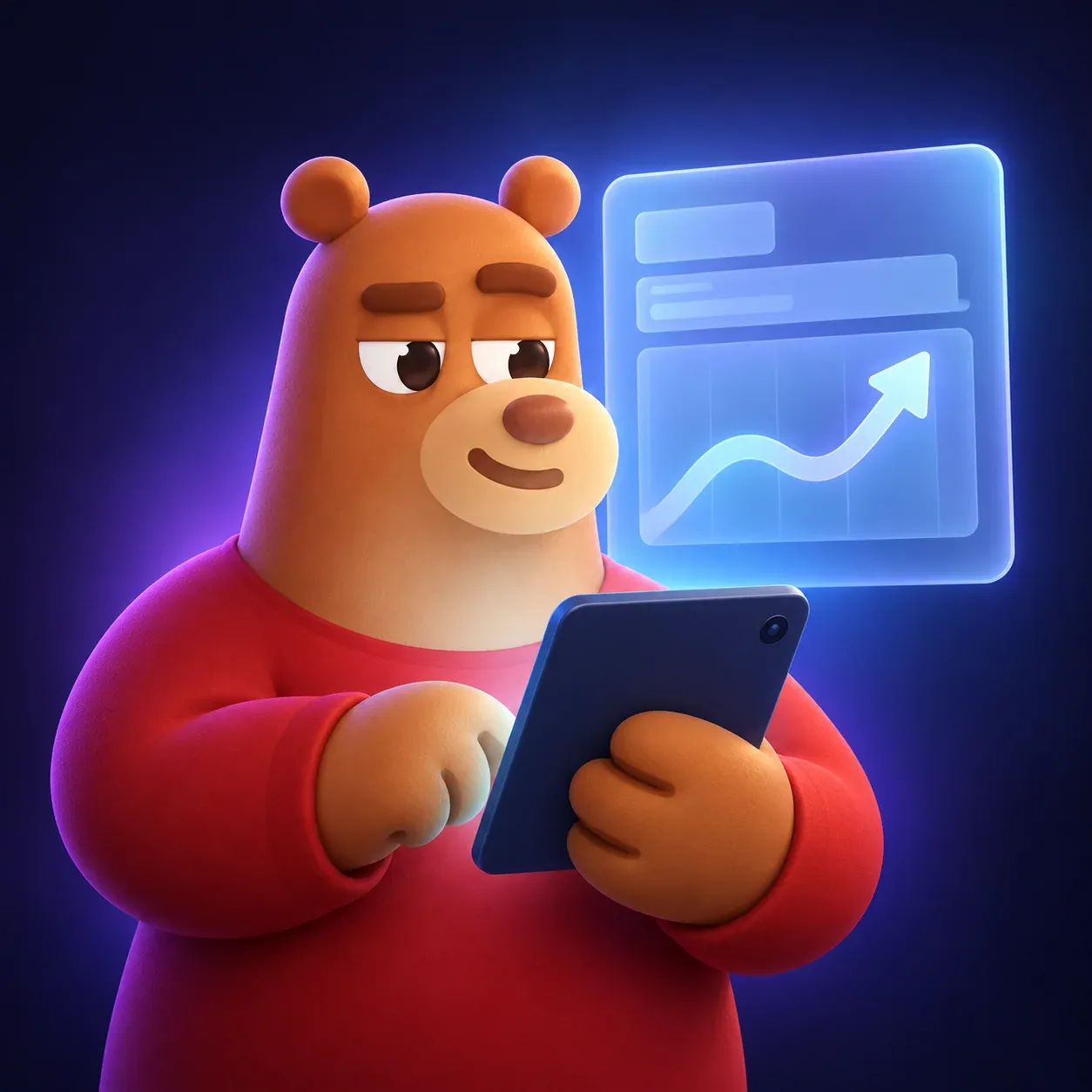3D Finelo bear reviewing an investing chart on a tablet