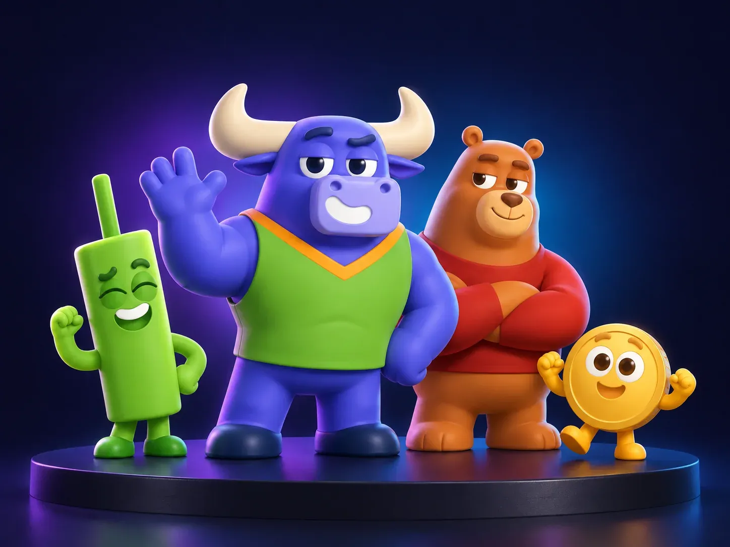 Finelo’s bull, bear, candlestick, and coin characters together in 3D